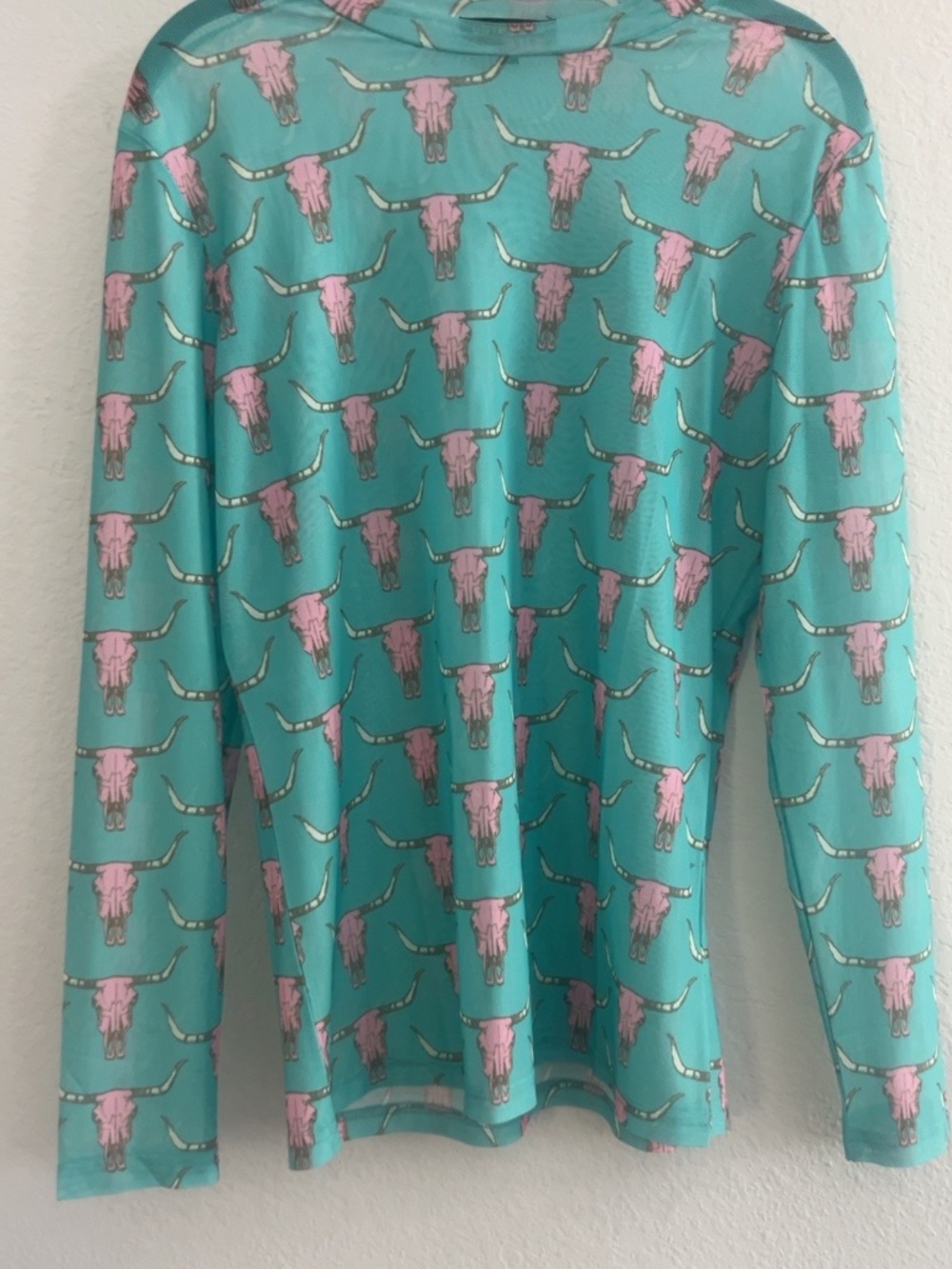 Merigold Kiss Turquoise Pink Longhorn Skull Sheer Mesh Top L